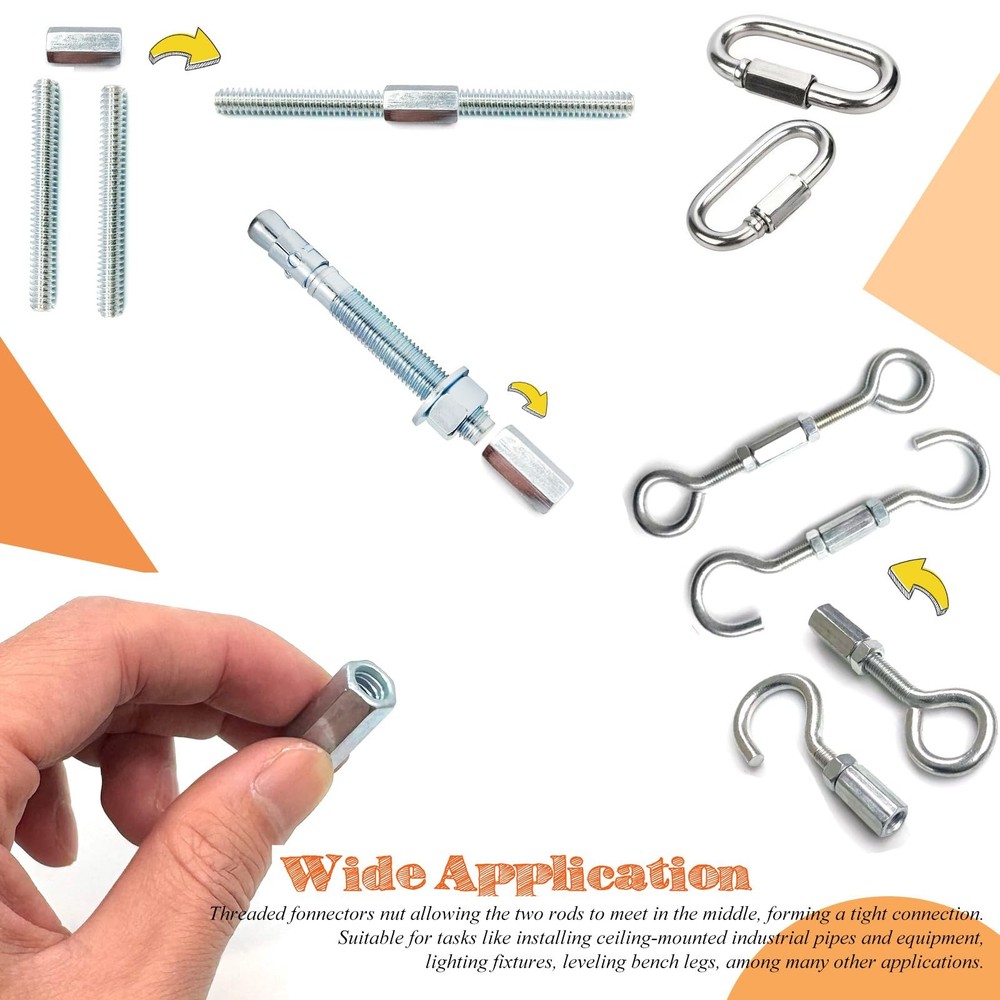 20Pcs 1/4"-20 Hex Coupling Nut, Threaded Rods Coupling Nuts Zinc Plating Exte...