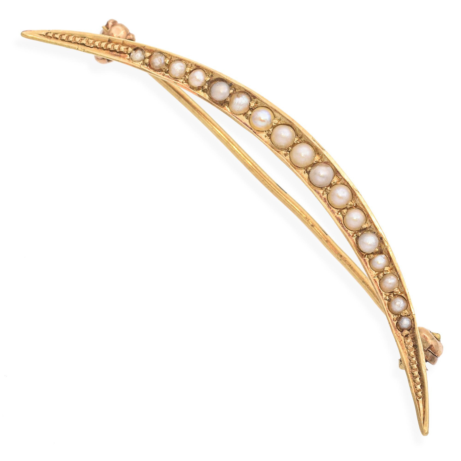 Antique Victorian 14K Yellow Gold Seed Pearl Crescent Moon Brooch