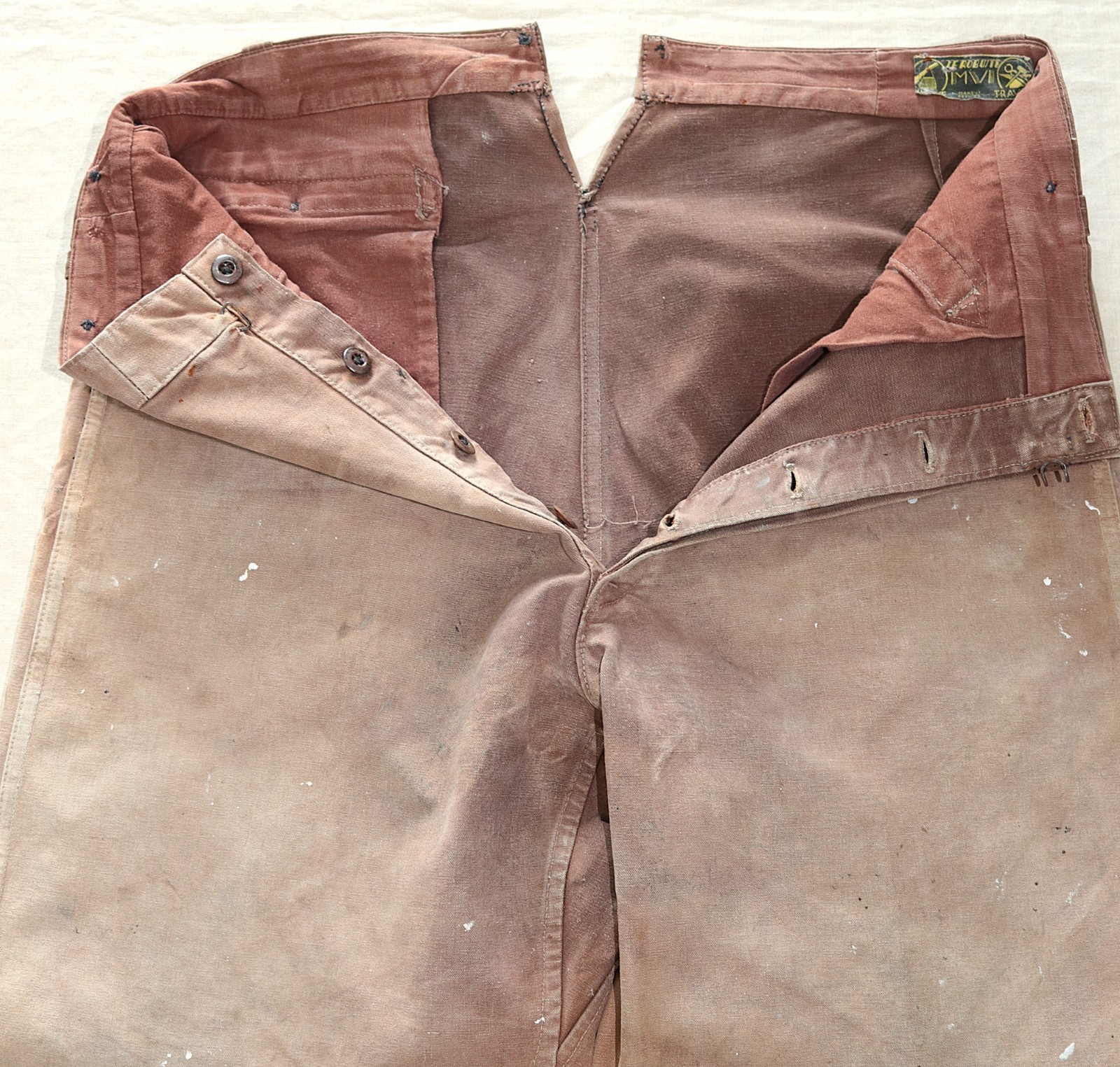 French 1940/50s Faded & Stained Brown Duck Cotton Canvas Pants LE ROBUSTE W39