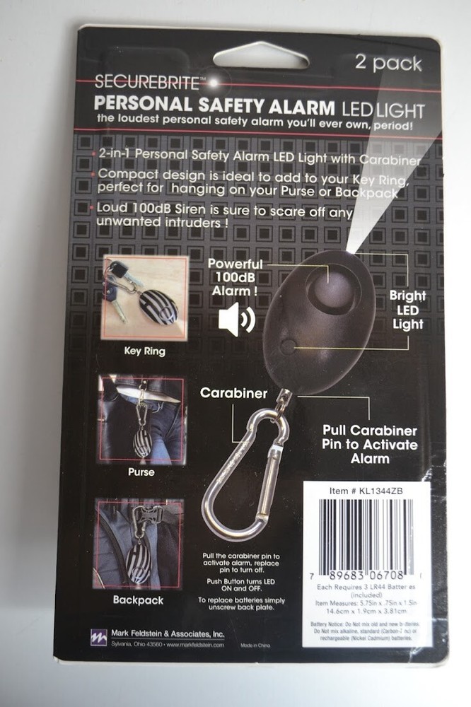 Securebrite Personal Safety Alarm LED Light 2 pack 100DB Solid Black & Zebra