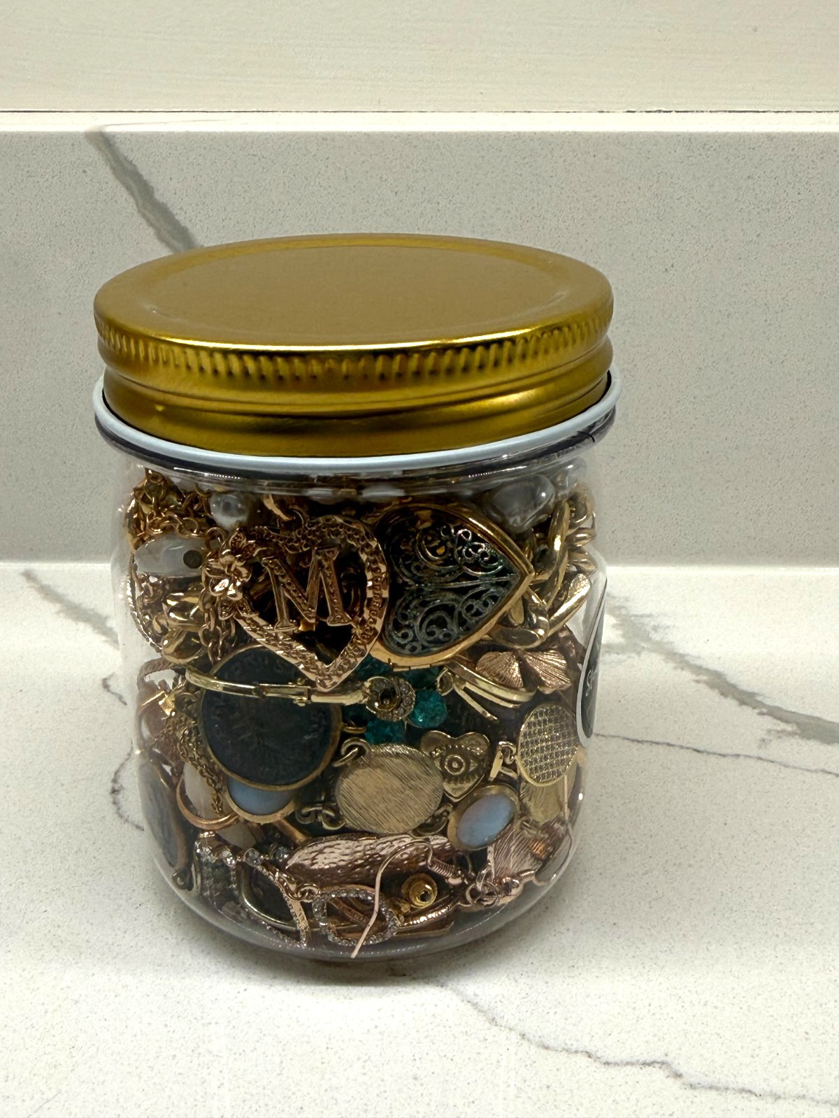 Mystery Jewelry Jar 8 oz – Gold Tone, Blue & Pearl Accents, Wearable Lot