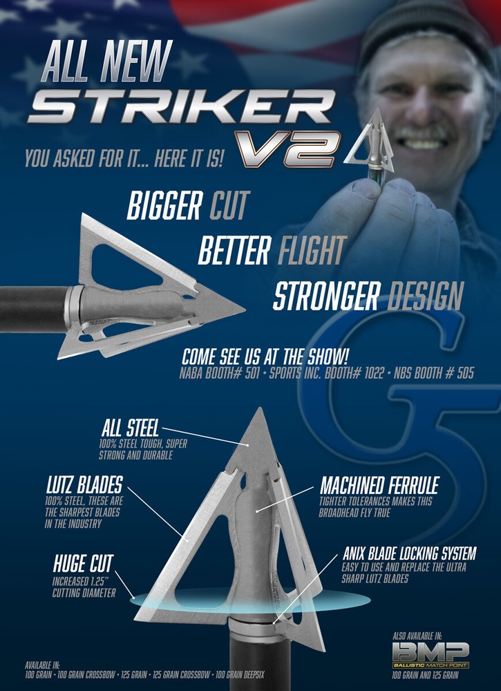 New G5 Striker V2 Fixed Blade Broadhead 3 Pack 100 Grain Model # 1802