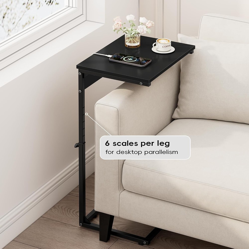 C Shaped End Table W/ Charging Station Adjustable Height Side Table Couch,Small
