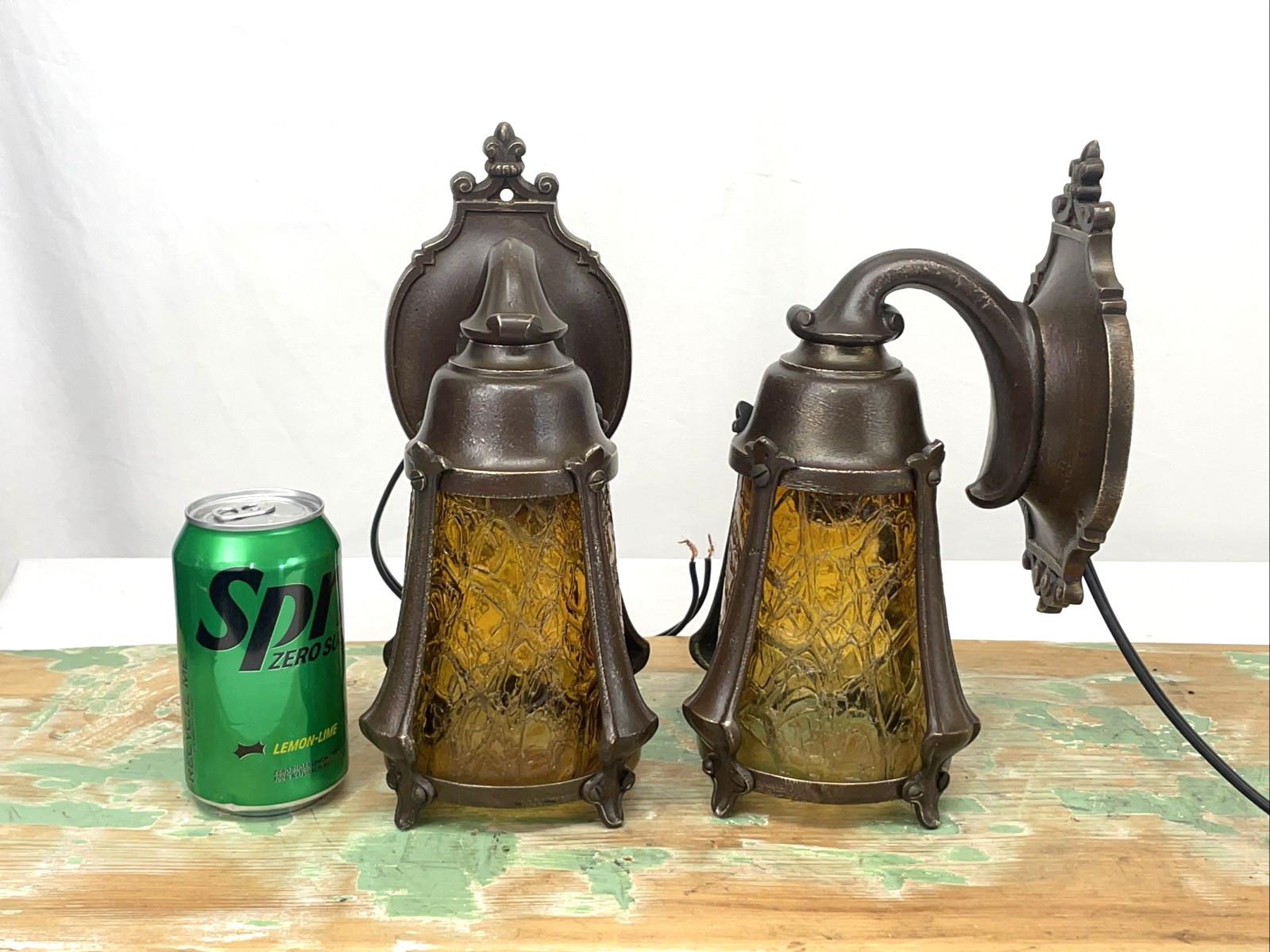 RESTORED Pair Antique Vtg Tudor Arts Crafts Wall Sconces Amber Glass Porch Light