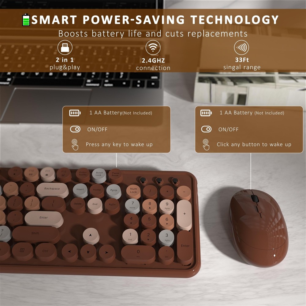 Wireless Keyboard Mouse Combo FullSize Retro Typewriter Round Keycaps Coffee