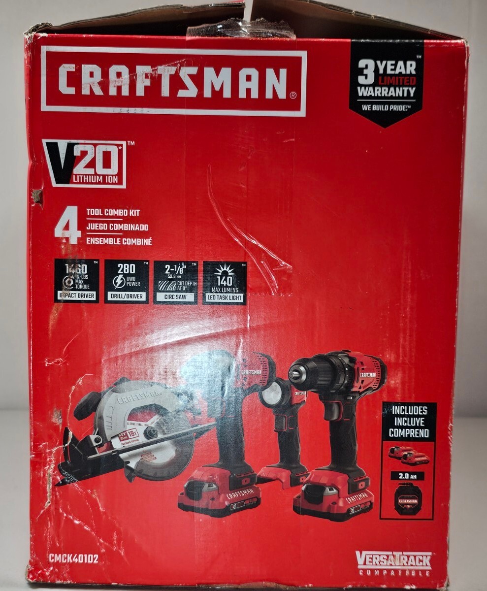 Craftsman CMCK401D2 V20 Li-Ion 4 Tool Combo Kit + (2) 2.0 AH Battery Cordless