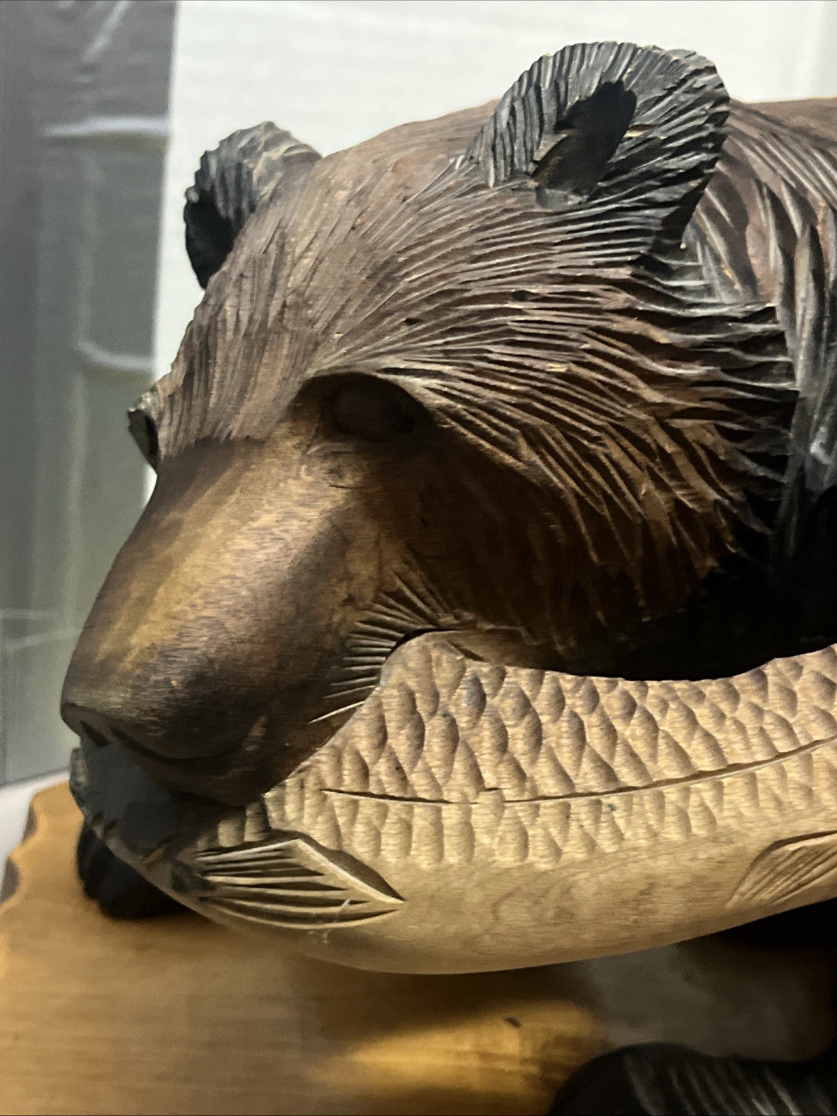 Japanese Style 13” W x 7” L x 9” T Wooden Ainu Bear With Salmon Statue With Base