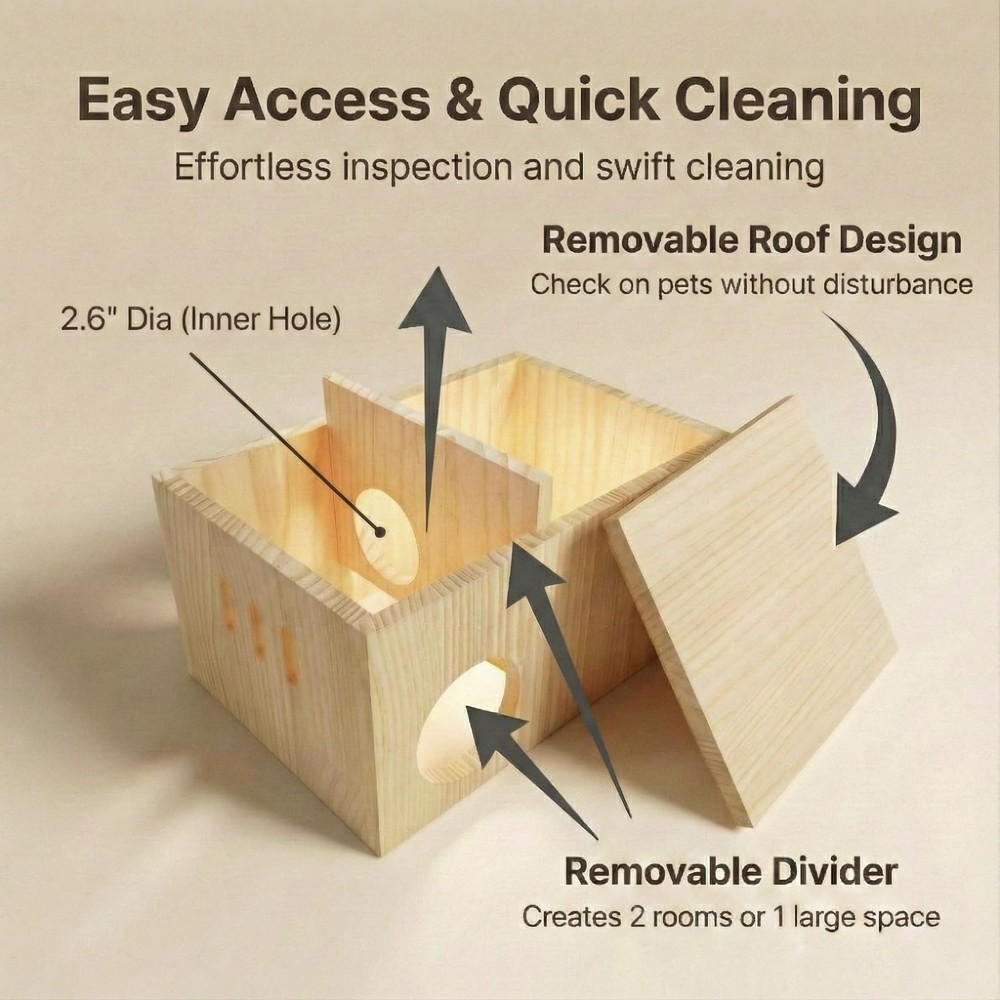 Solid Pine Multi Chamber Hamster Hideout House Removable Divider 3" Entrance ...