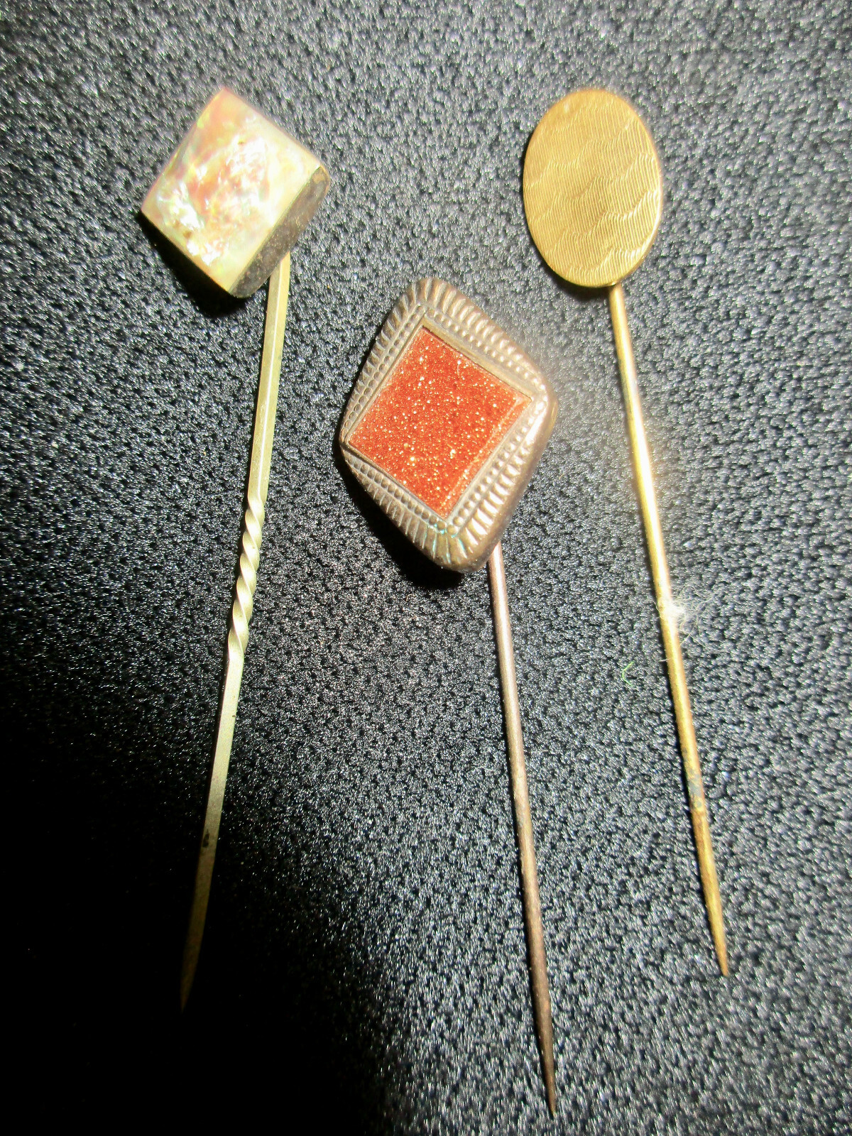 Group of 3 Vintage Stick Pins 1 GF patterned 1 Oval Mother of Pearl 1- Goldstone