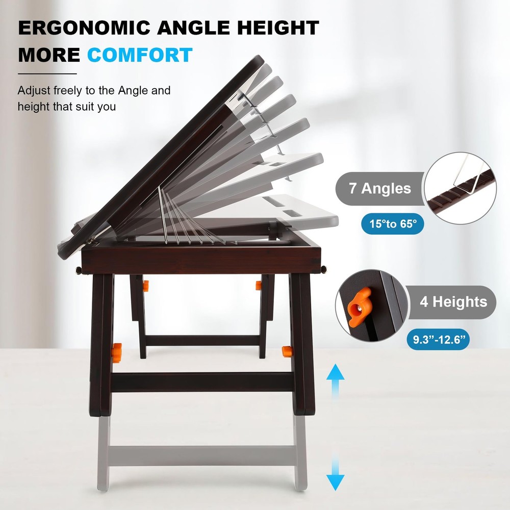 Drawing Table Foldable Drafting Desk with Adjustable Height & Angle Bamboo Dr...