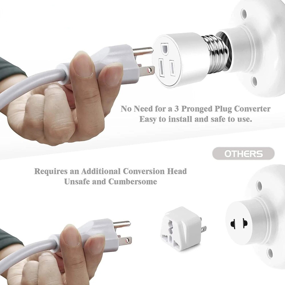 E26/E27 Light Socket to Plug Adapter 2/3 Prong Light Bulb Socket Adapter Outlet