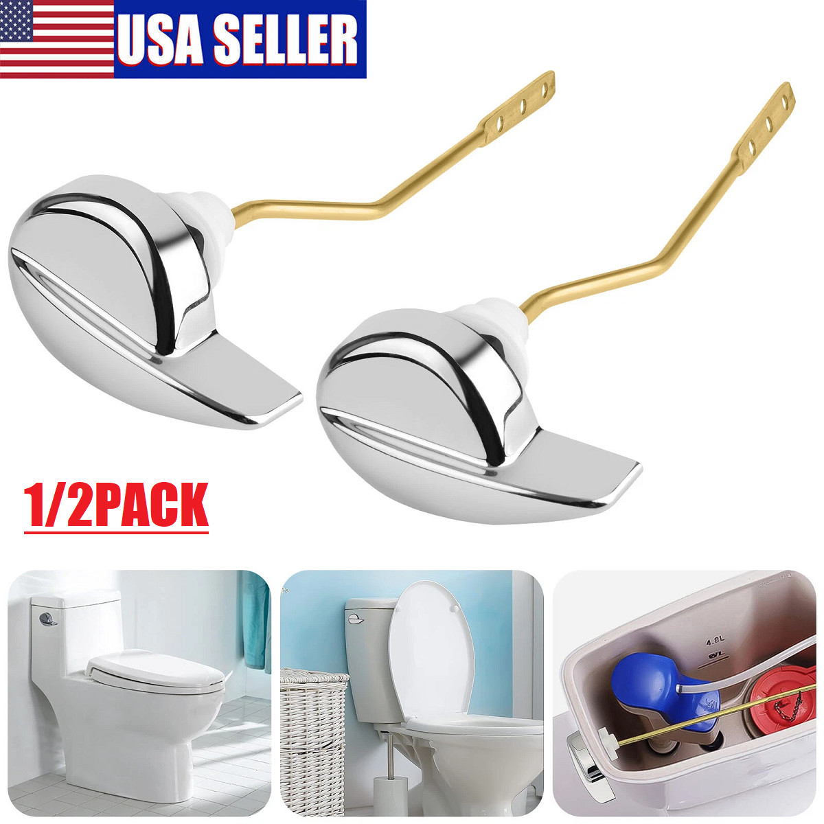 2x Universal Metal Side Mount Toilet Handle Replacement Kit, Brass Toilet Flush