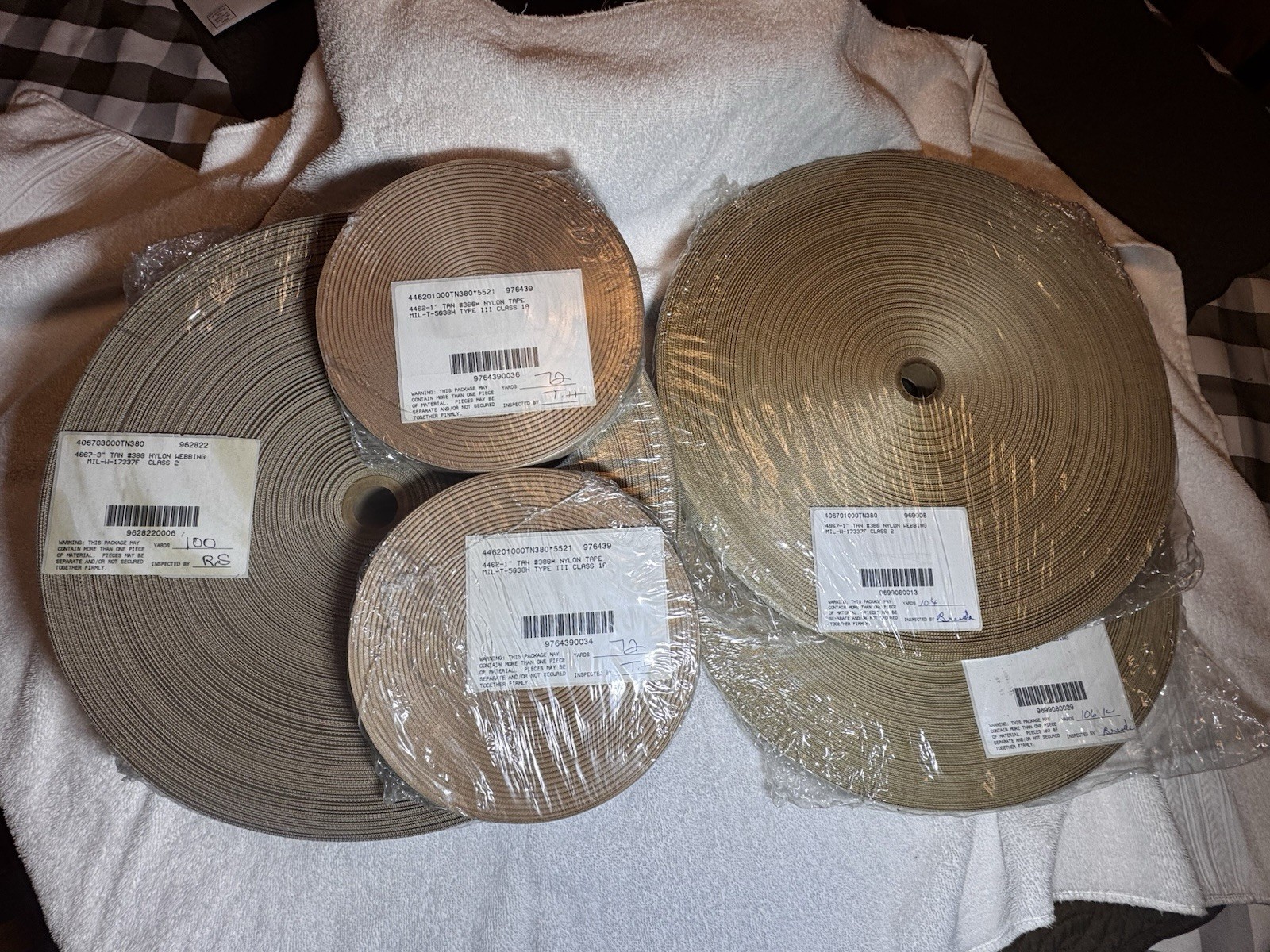 Military Tan webbing 6 Roll Bundle 1” & 2” Nylon Class 2 Mill Spec. 100yd Roll