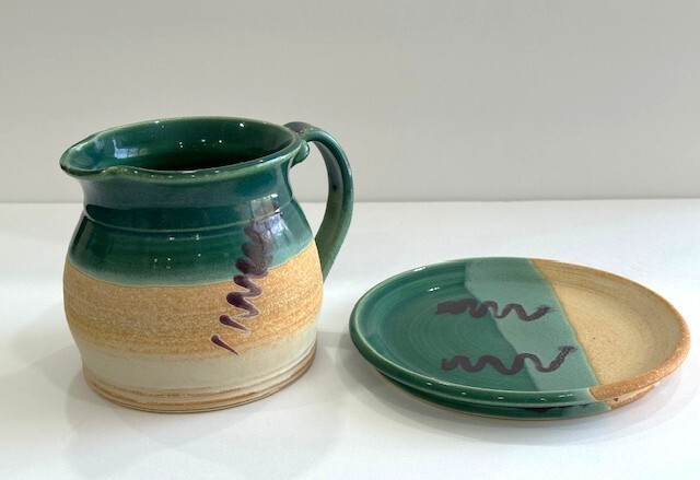 vintage handmade studio pottery PITCHER with PLATE SIGNED