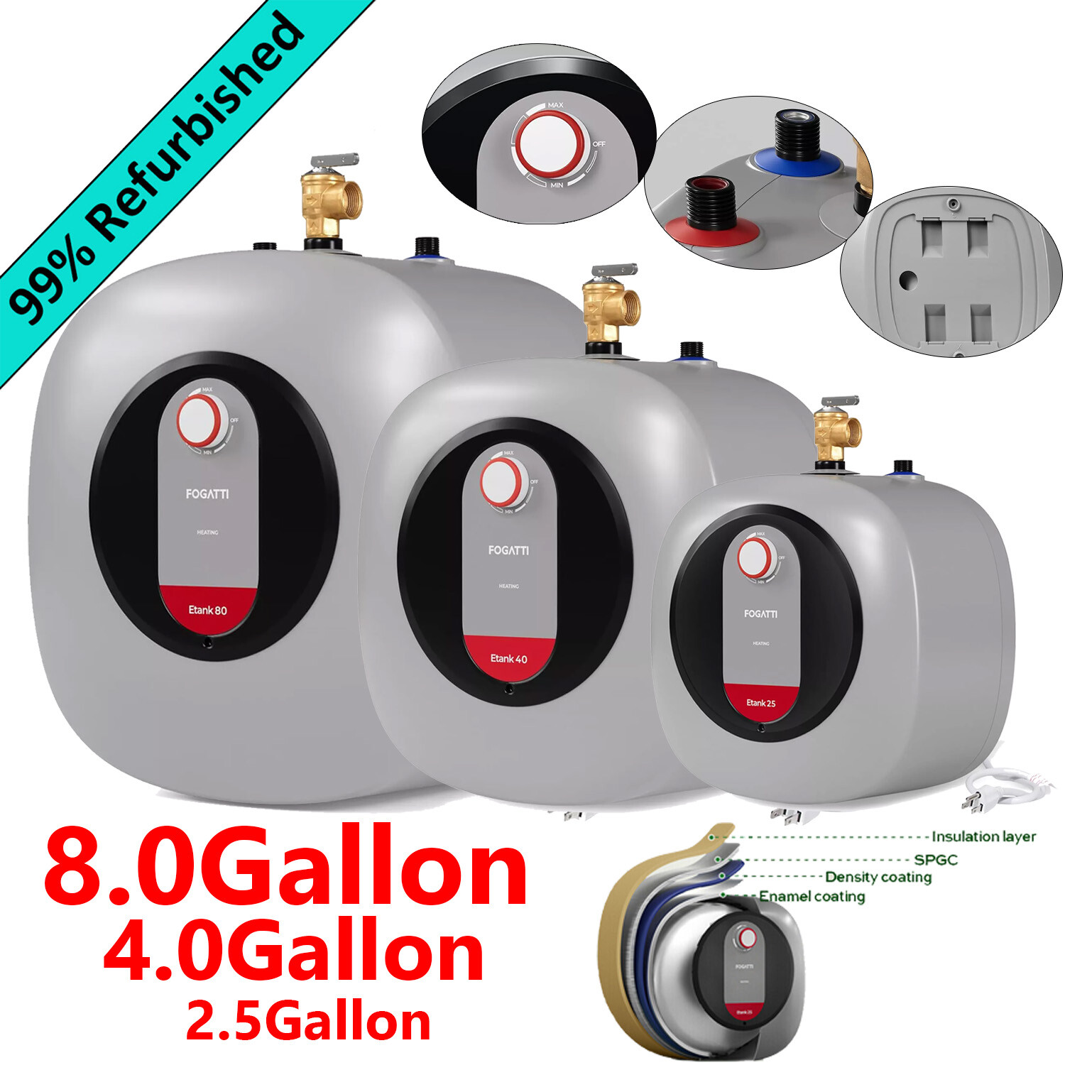 【99% NEW】FOGATTI 2.5/4/8 Gallon Electric Mini Tank Hot Water Heater 1440W Boiler
