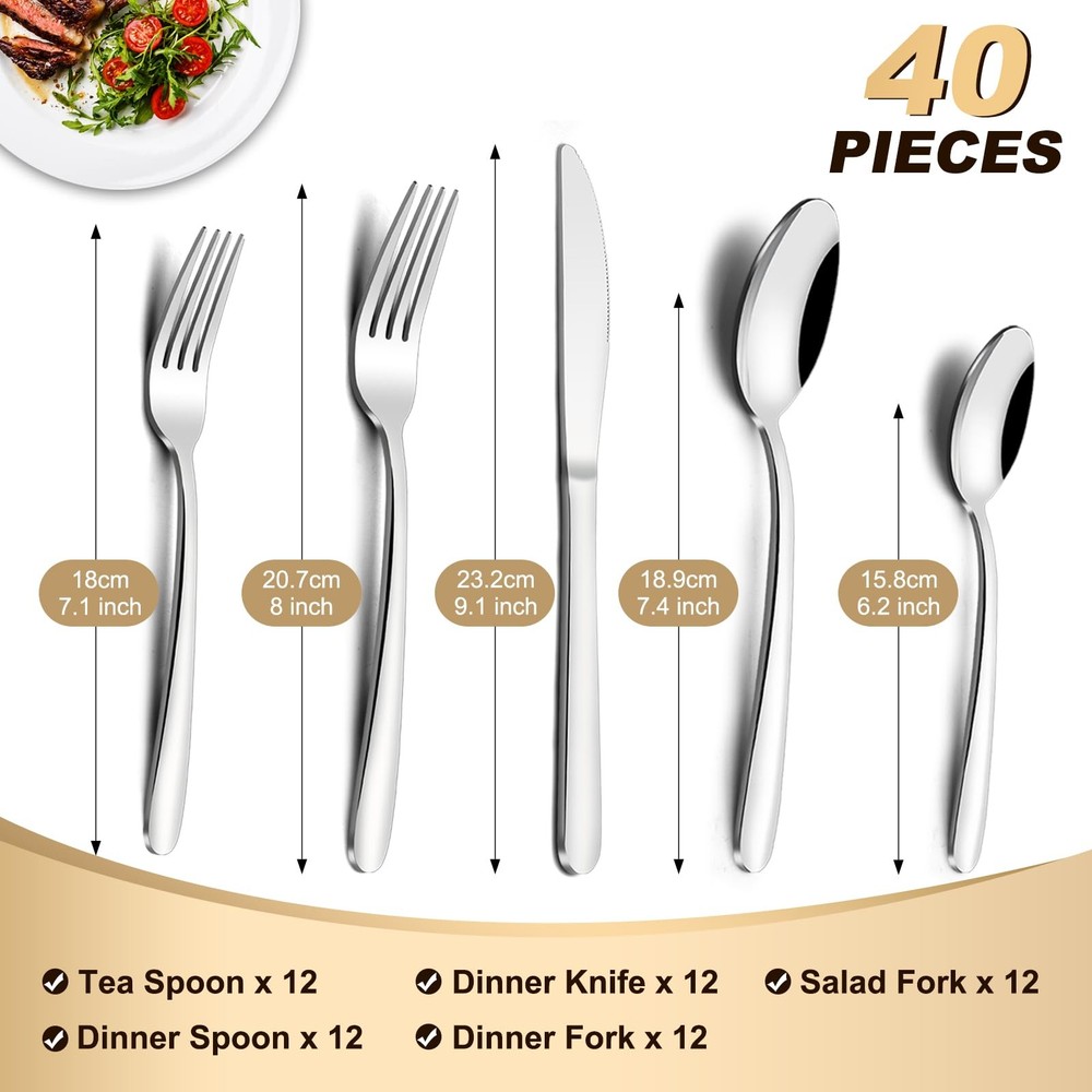 40-Pcs Silverware Set for 8, Premium Stainless Steel Flatware Set, Include Fo...