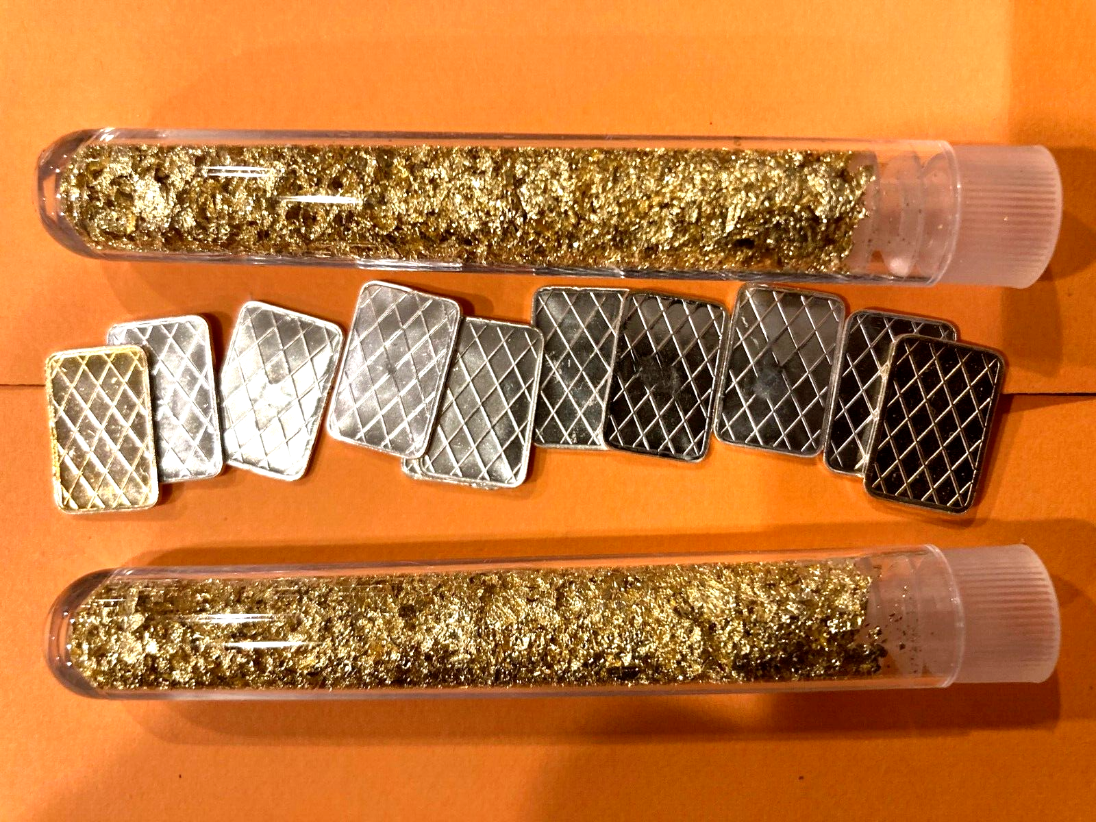 (10x) Pure .999 Fine Silver Bars Bullion Estate Lot & 4 Vials Gold flakes Rare