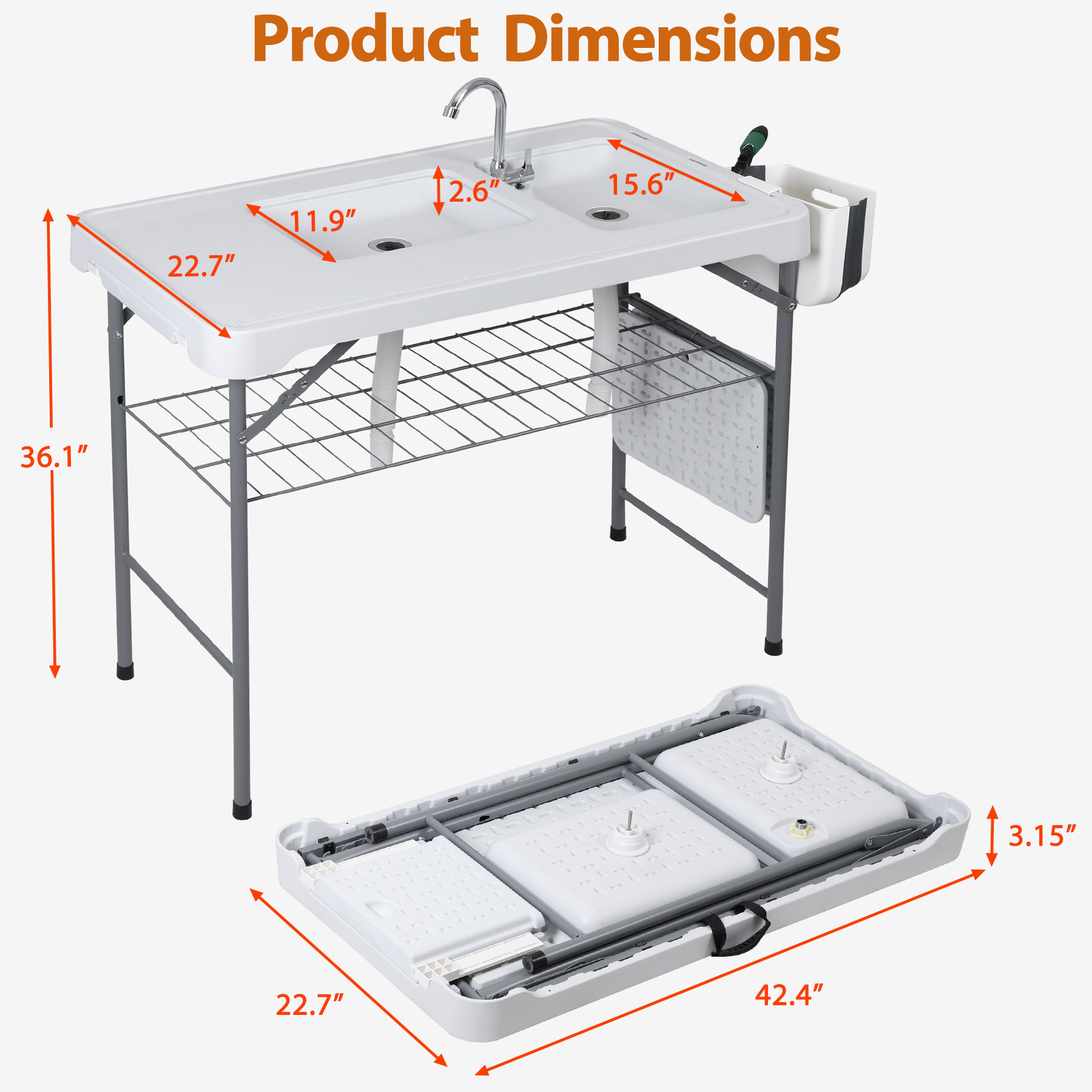 Fish Cleaning Table with Sink 42.6" Width Portable Folding Camping Table Patio