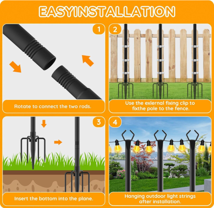 6 Pack 10ft Outdoor String Light Poles, Rustproof, Adjustable, with Hooks & Deck