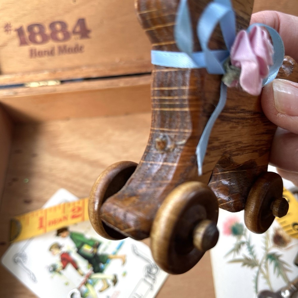 Vintage Wooden Bunny Rabbit Rolling Push Toy Missing Pull String Nursery Decor