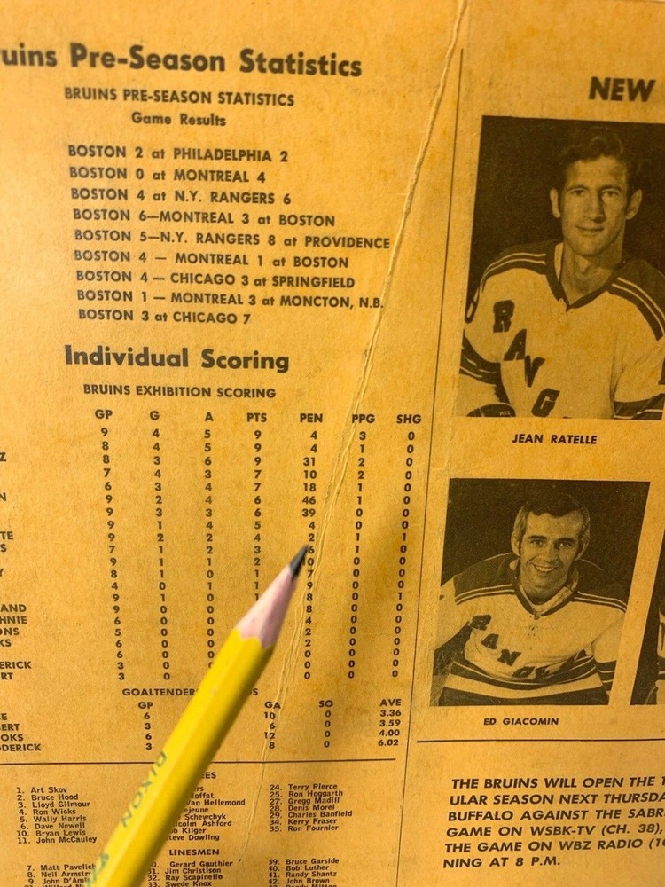Bruins vs Rangers Oct 7 1974 Program