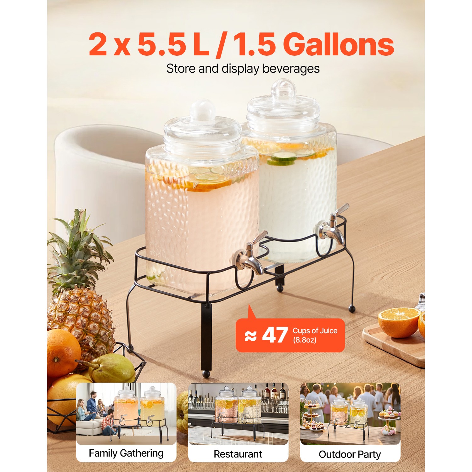 Drink Dispenser 1.5 Gal Beverage Dispenser for Parties Glass with Stand 2PCS