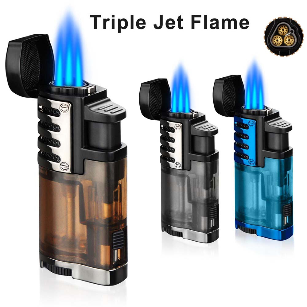 Cigar Lighter Triple Jet Flame Refillable Butane Torch Lighters Adjustable Rest