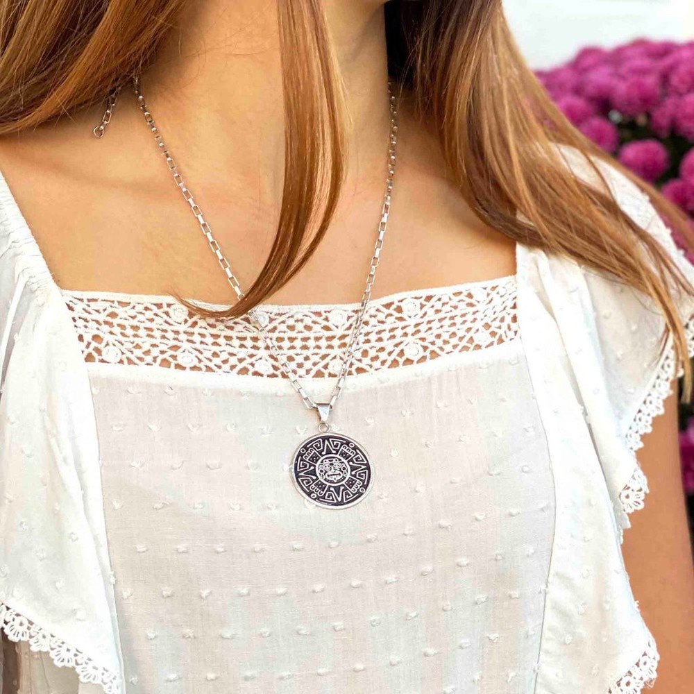 Alpaca Silver Aztec Face Pendant with Chain