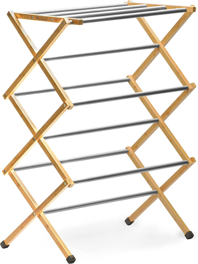 Bamboo Folding Clothes Drying Rack - 11 Poles, Adjustable Height, Collapsible
