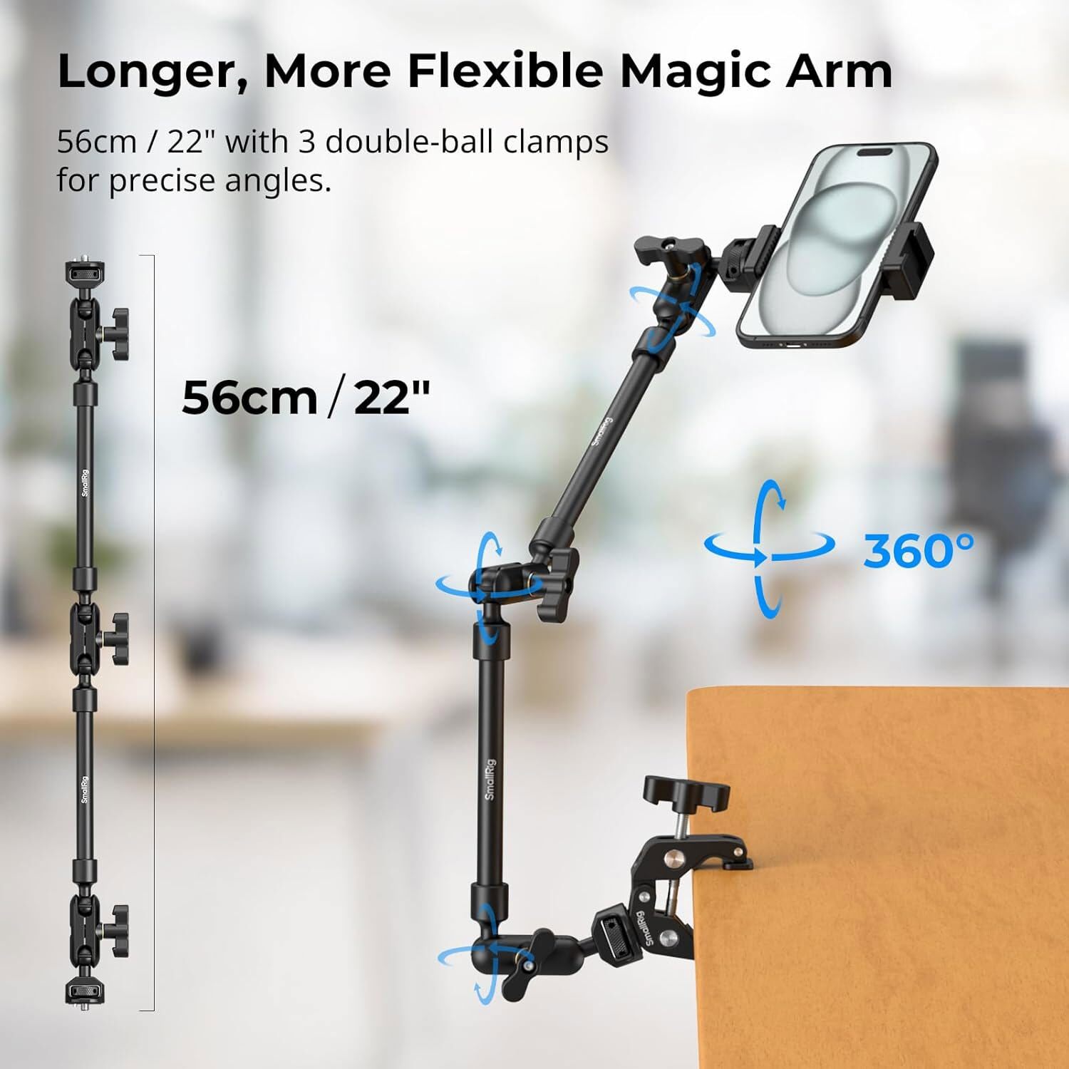 SmallRig 22" Magic Arm w Clamp, Overhead Phone Mount, Flexible Desk Camera Mount