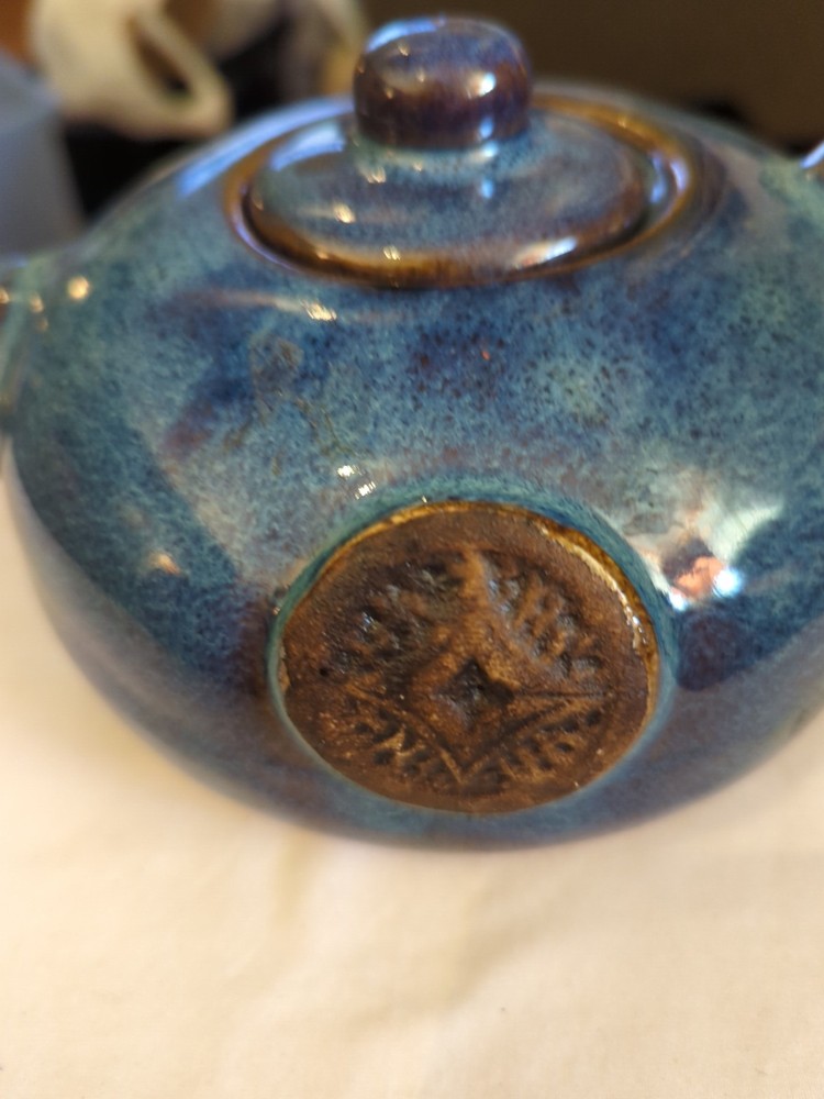 Pottery RUSTIC Blue High GLAZE Teapot With Unique Handle B8