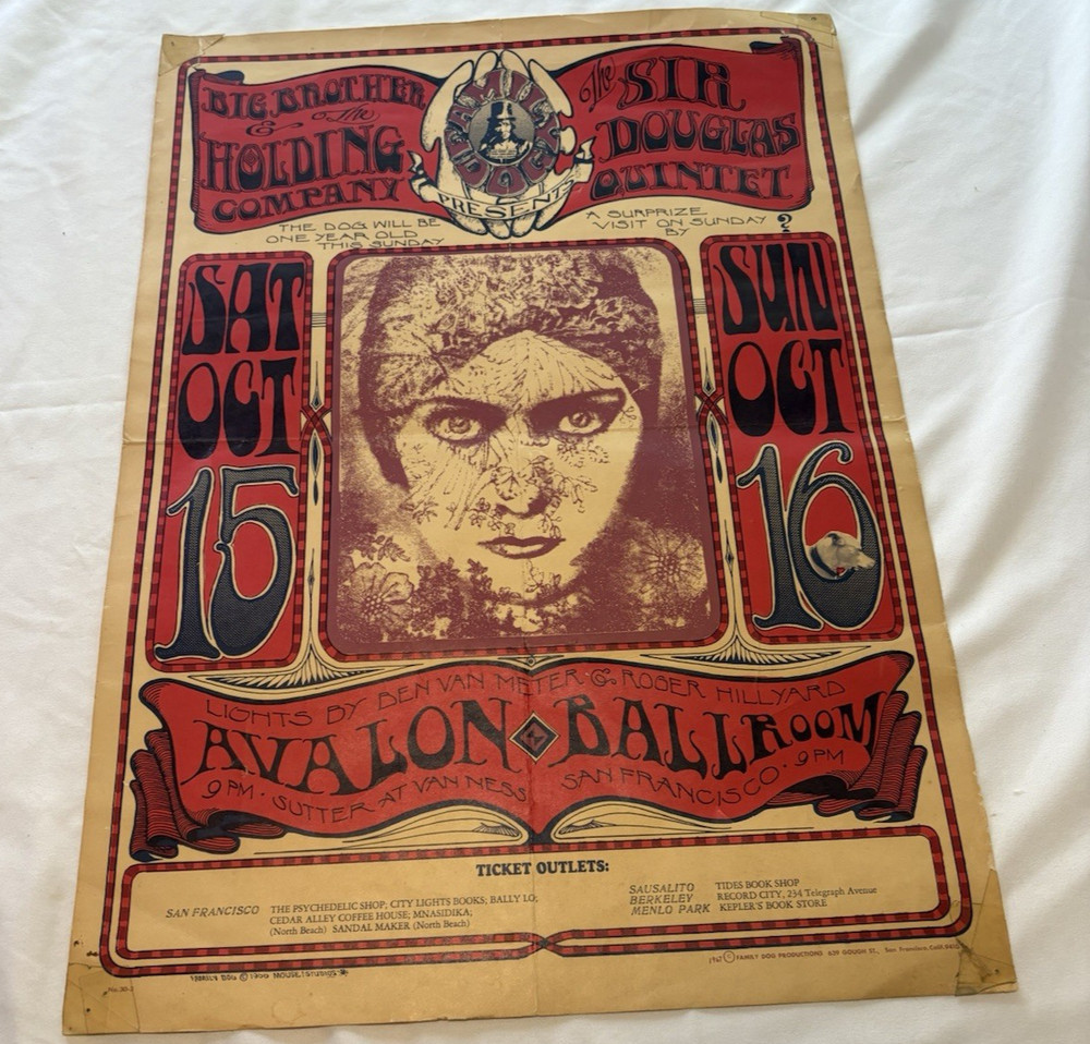 BIG BROTHER & HOLDING COMPANY POSTER + SIR DOUGLAS QUINTET AVALON PRINTED 1967