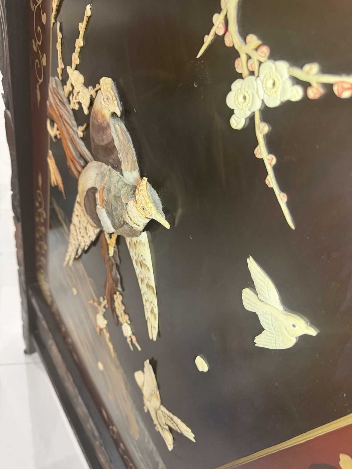 Asian Style Hand Painted Carved Wood Room Divider Birds & Flowers