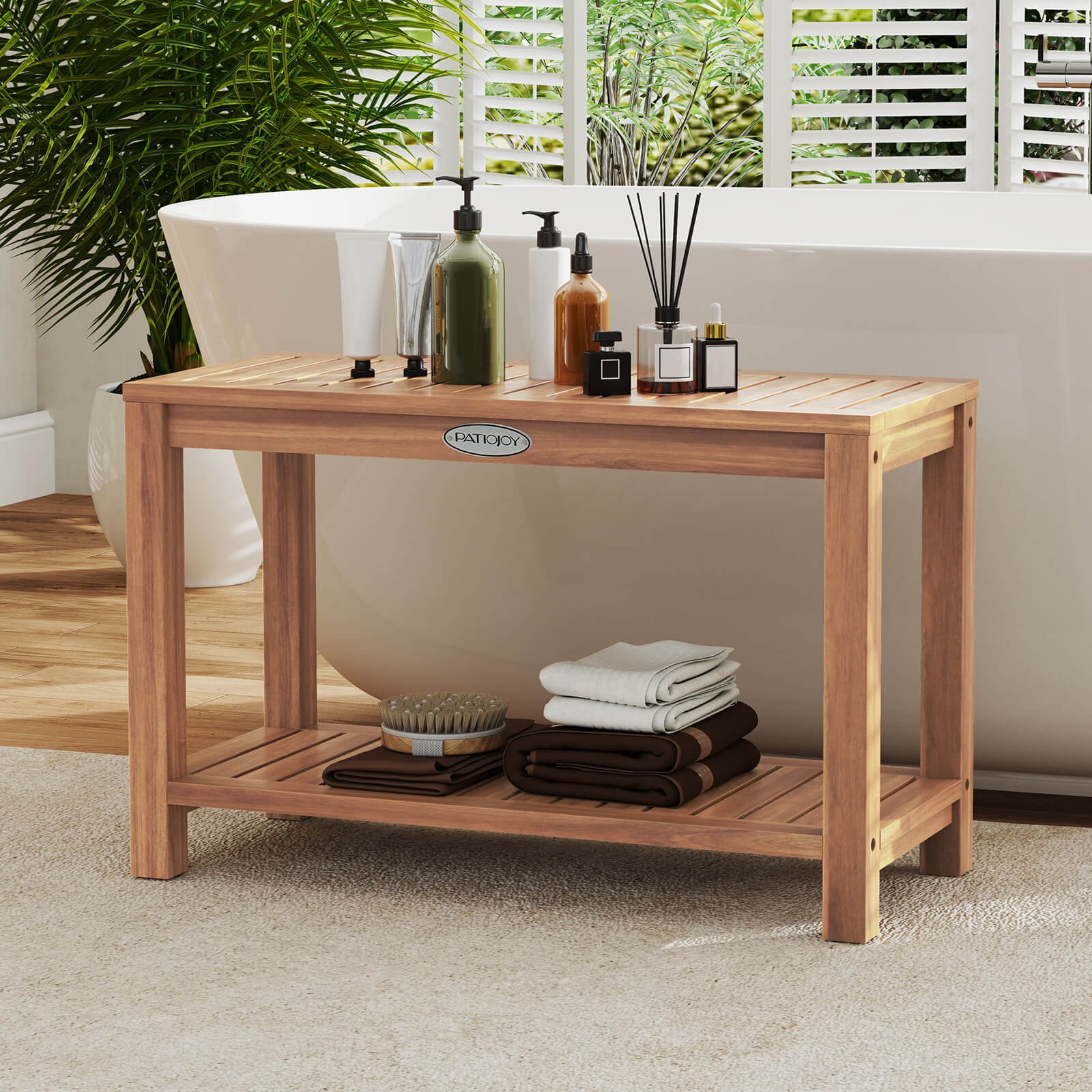 30 Inch Teak Wood Shower Bench Inside Shower Stool with Storage Shelf for Adults