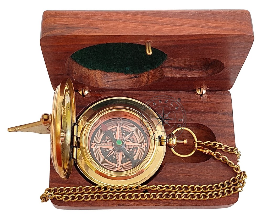 Handmade Push Button Direction Sundial Clock with Chain & Wooden - Brass Comp...