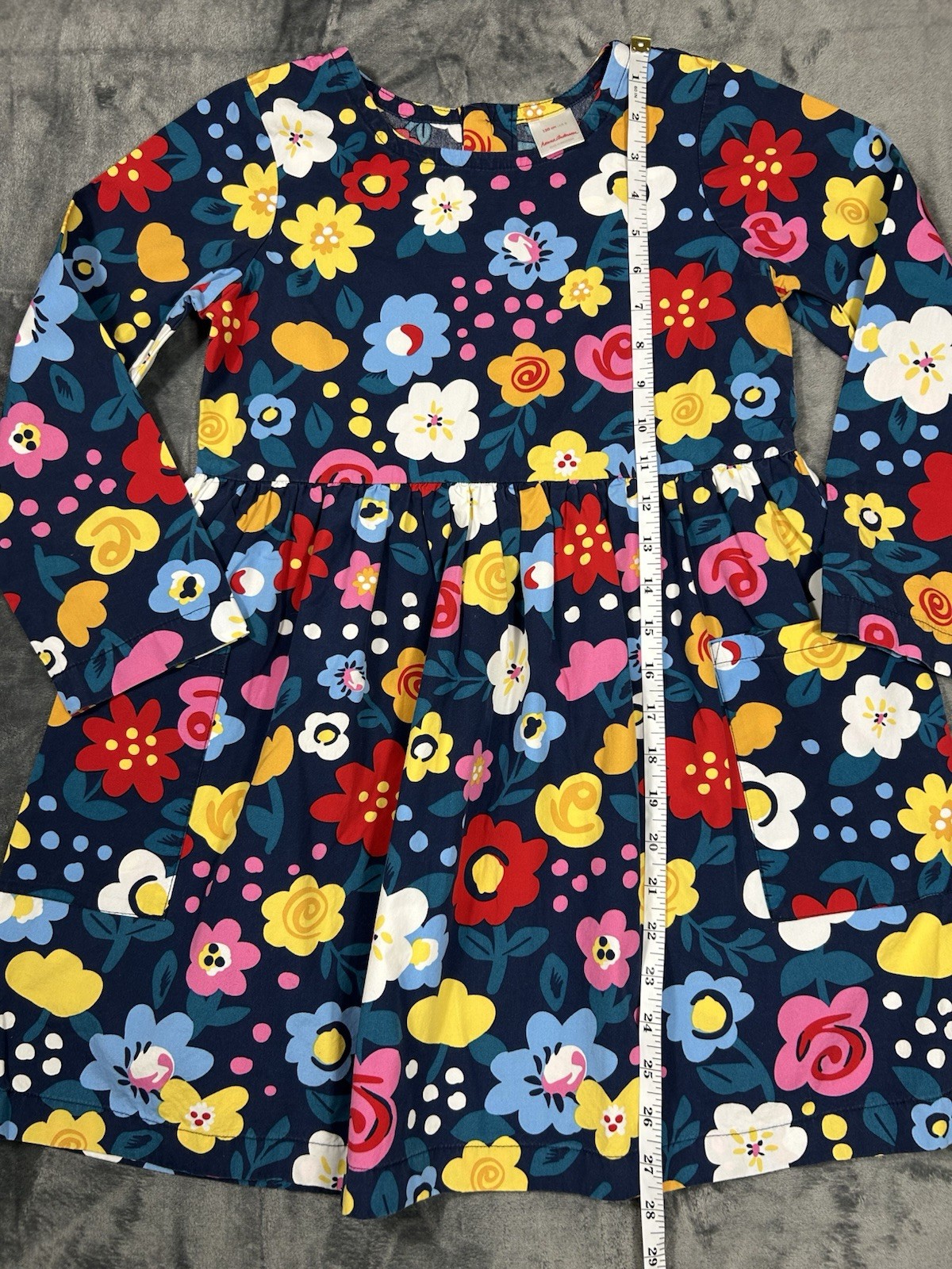 Hanna Andersson Flower Poplin Dress Girls 8 130cm Navy NWOT Long Sleeve Pockets