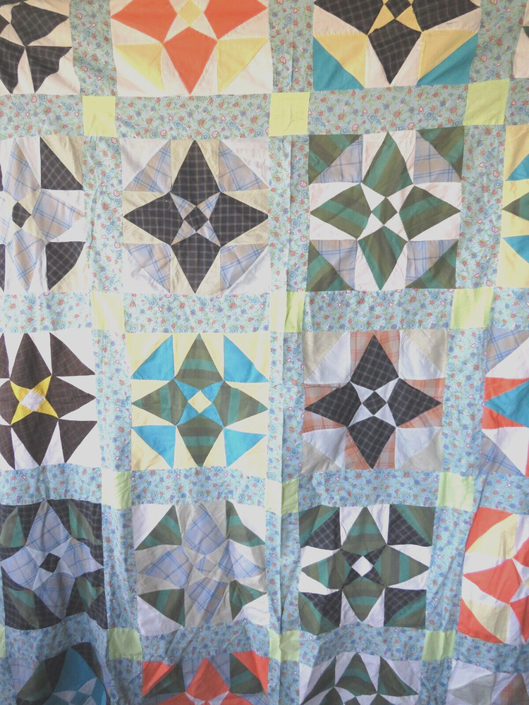 Vtg Quilt Topper Hand Stitched Machine Star Triangle Pattern 60"x74" Multi-Color