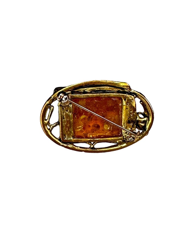 Gold Tone Rectangular Amber Lucite Free Form Statement Scarf Pin Brooch
