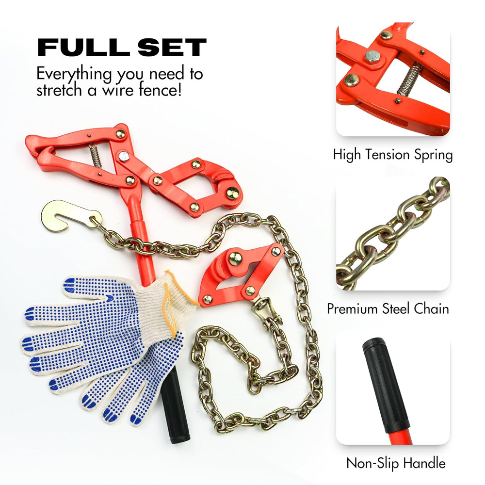 Fence Stretcher Tool with Gloves, Plain & Barbed Wire for Center & End Post Pull