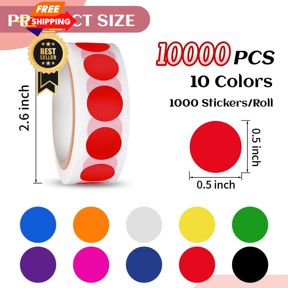 10000 PCS 1/2" Round Color Coding Labels Circle Dot 1/2 inch, Inch