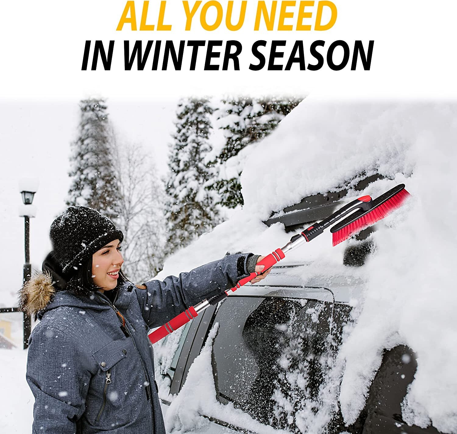 62" Portable Extendable Snow Brush and Ice Scraper 360° Pivoting Brush Head