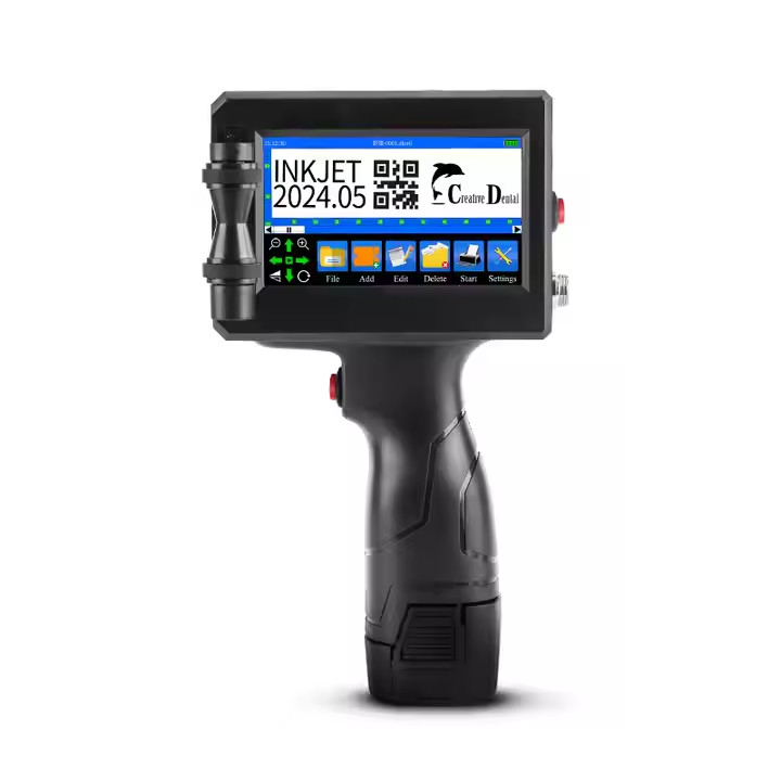 Handheld inkjet printer prints production date, logo text, barcode, QR code