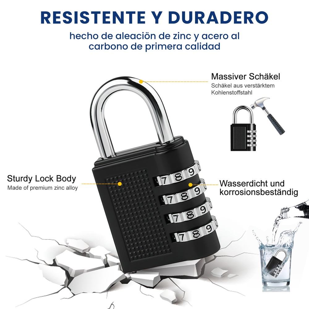 Combination Lock Resettable 4-Digit Anti Rust Weatherproof Padlock