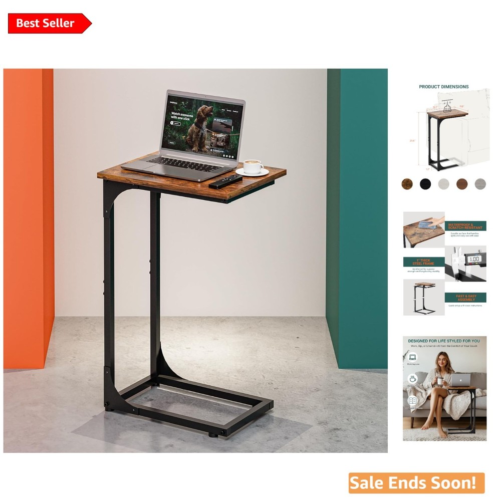 Compact C-Shaped Side Table with Waterproof Top - Rustic Brown & Metal Frame