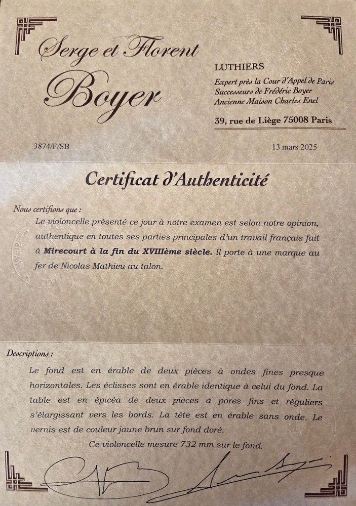 French cello Mathieu 1780