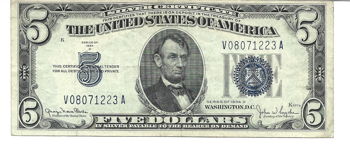 1934-D $5 Silver Certificate Wide II Fr. 1654 Circ. #1223