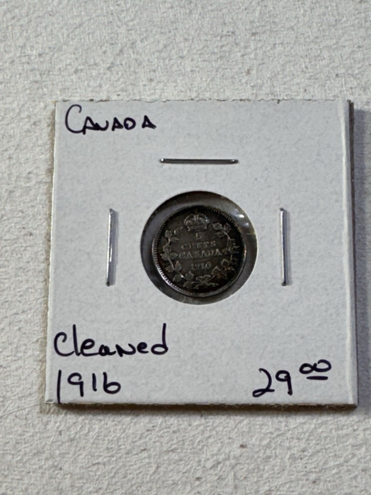 1916 Canada 5 Cents Small Silver Coin Cleaned