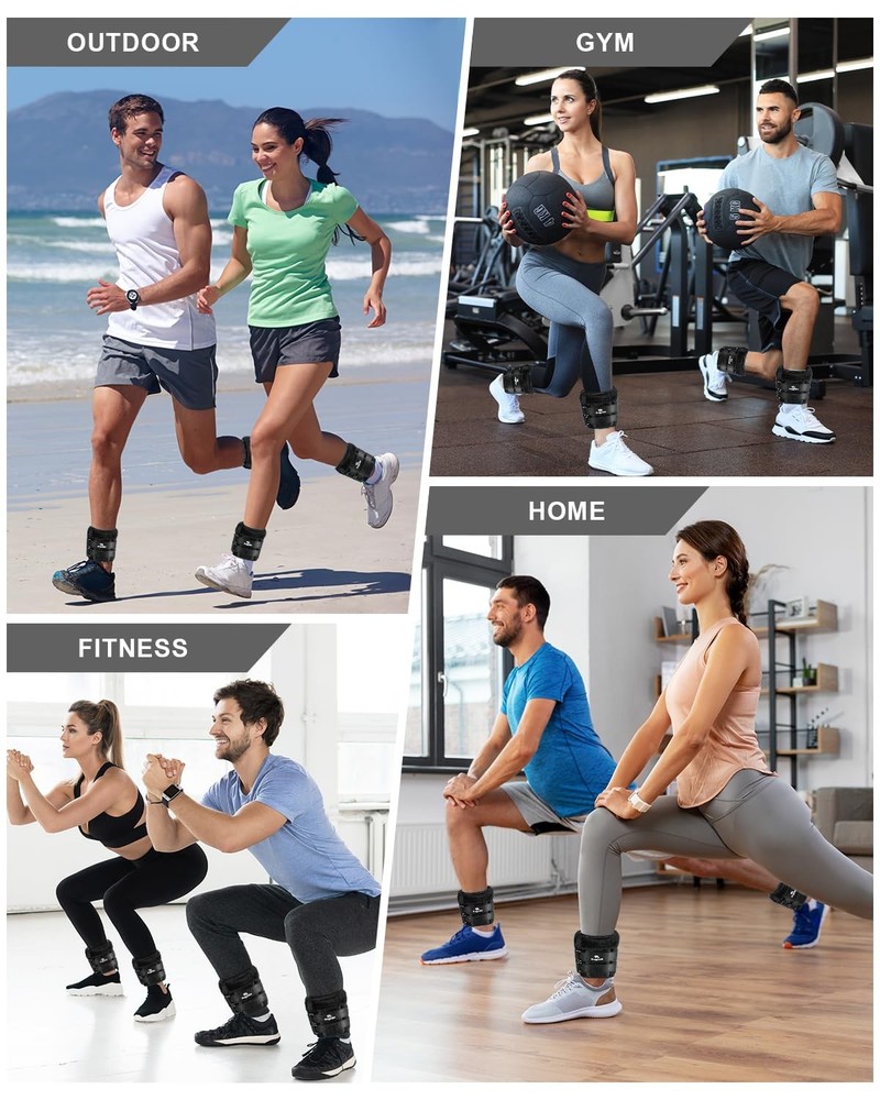 Adjustable Ankle Weights 20 lbs pair - 10 per side, black - double buckle