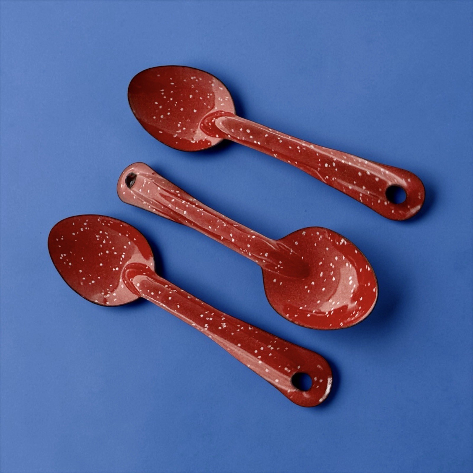 RED Speckle 6" SPOONS 3 pc Lot Vintage Enamel Metal Enamelware Camping Speckled