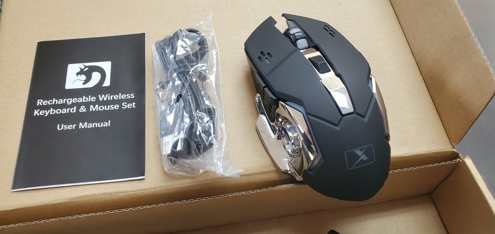 Wireless Gaming Keyboard and Mouse w/Rainbow Backlit Rechargeable Metal Panel.